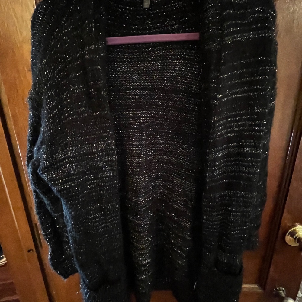 Large charlotte rouse fuzzy black cardigan with sparkly silver thread in it